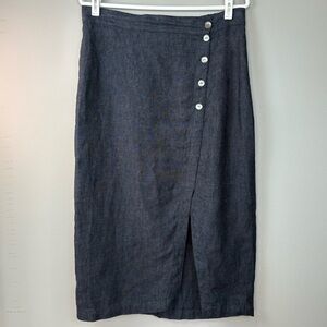 Garnet Hill 100% Linen Skirt Size S Dark Blue w Pockets Mother of Pearl Buttons